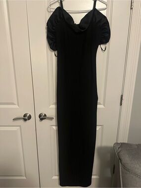 St. John Black Satin-Trim Cowl Neck Maxi Dress